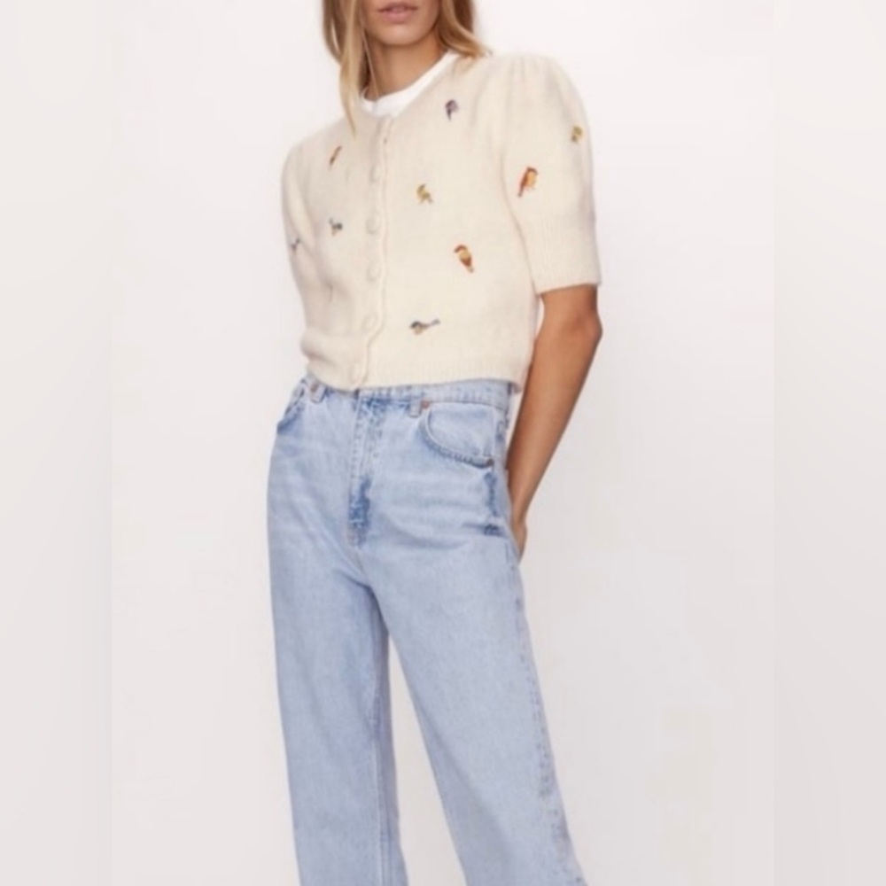 Zara Bird Embroidered Short Puff Sleeve Cardigan Sweater Large Off White/Cream